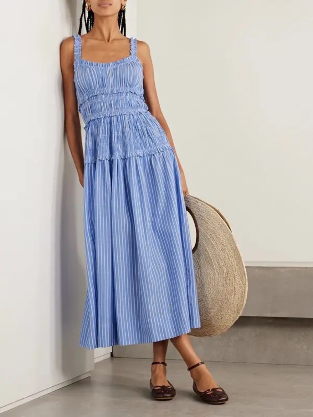 Doen Marianne Shirred Striped Cotton Poplin Midi Dress